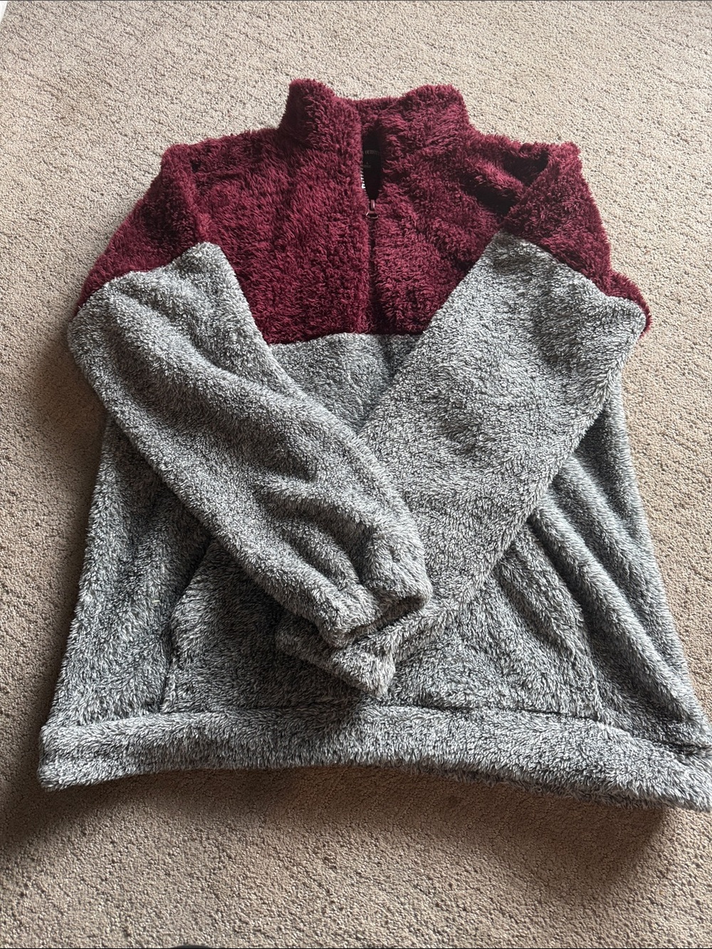 Zenana Outfitters Fuzzy Half-Zip Pullover in Wine & Cream